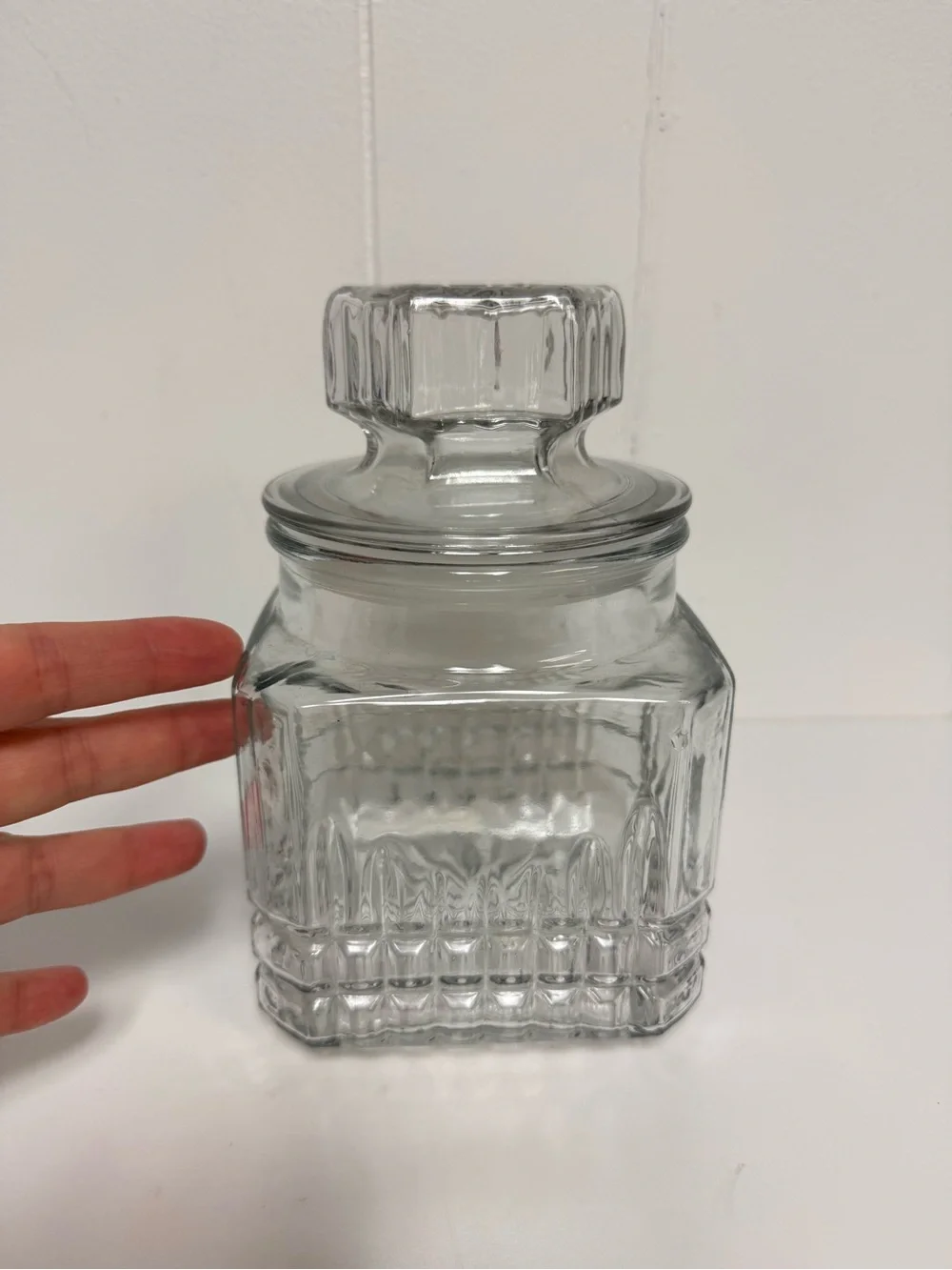 Vintage Koeze Clear Molded Glass Apothecary Jar w/ Lid Storage Jar Organization